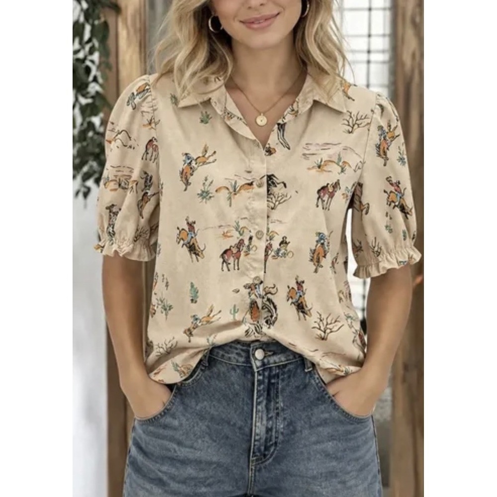 Vintage Rodeo Western Shirt Women's Medium Tan Puff Sleeve Cowgirl Horses